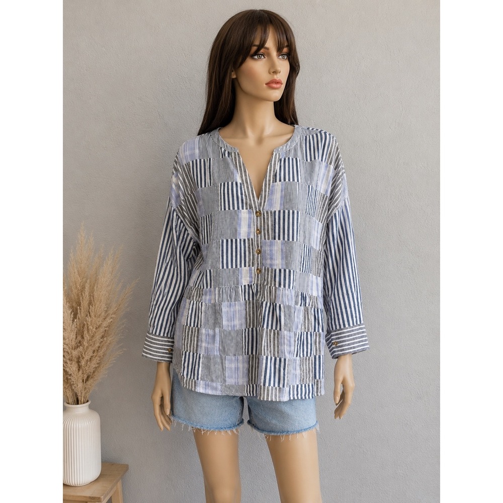 Maeve‎ Anthropologie Blue White Blouse MED Striped Patchwork Peplum Cotton Soft